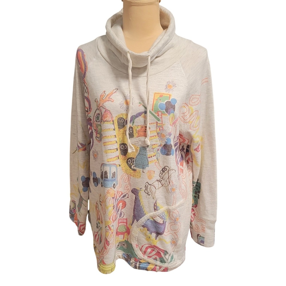 Inoah Tunic Sweatshirt Oatmeal M Doodle Art Print Cowl‎ Neck Creative USA Made